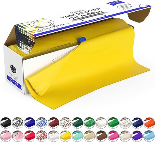 Grandipity Plastic Tablecloth Roll - 54in x 300 Ft. Yellow Plastic Table Cloths for Parties Disposable with Cutter Box - Cut to Size Disposable Tablecloth Table Cover for Rectangle & Round