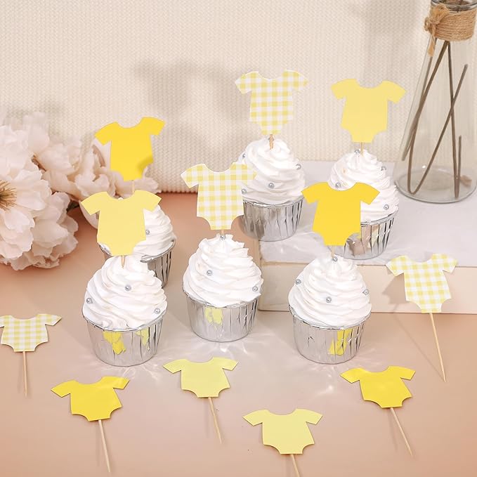 Yellow Bodysuit Cupcake Topper - Baby Shower Decoration Yellow Gingham Cake Topper,Baby Shower Bunting