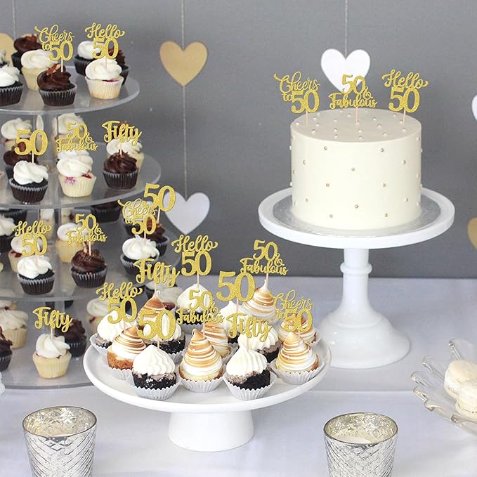 30PCS Happy 50th Birthday Cupcake Toppers Glitter Hello 50 Fabulous Fifty Cheers to 50 Years Old Birthday Cupcake Picks for Happy 50th Birthday Anniversary Party Cake Decorations Supplies Gold