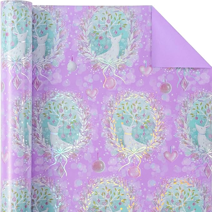 WRAPAHOLIC Reversible Purple Christmas Wrapping Paper - Mini Roll - 17 Inch x 33 Feet - Purple Reindeer and Christmas Garland with with Metallic Foil Shine for Holiday, Party Celebration
