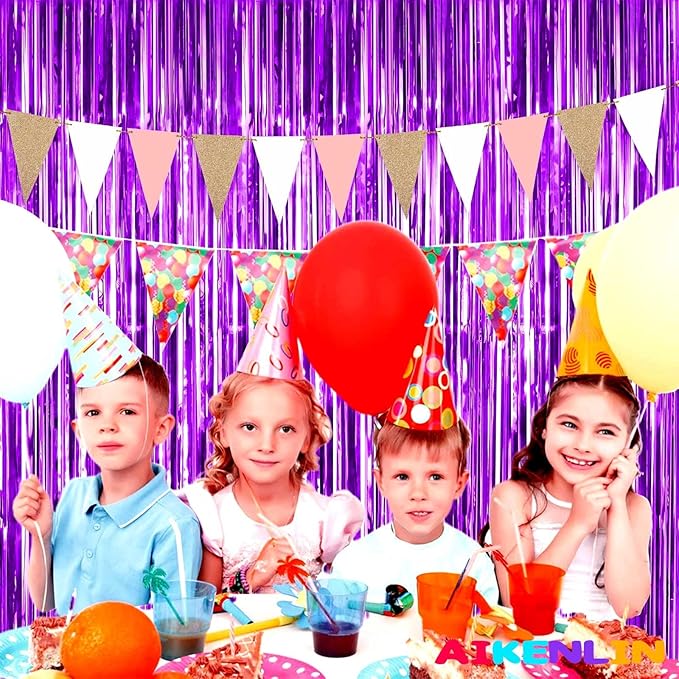 4 Pack Purple Foil Fringe Curtain Backdrop, 3.2Ft x 9.8Ft Metallic Tinsel Foil Fringe Streamers Curtains for Party, Photo Booth Props, Birthday, Wedding, Christmas Party Decoration Supplies