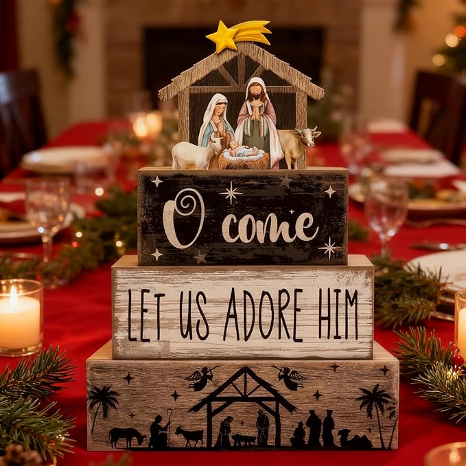 4 Pcs Christmas Table Decor Wooden Christian Religious Decoration Nativity Scene Centerpiece Nativity of Jesus Tiered Tray Decor Farmhouse Xmas Decoration for Kitchen