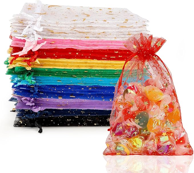 Moon Star Organza Bags 4x6 Small Mesh Bag Drawstring 50 Pcs Mesh Gift Bags Drawstring Pouch Jewelry Pouches Bulk Wedding Favor Bag Gift Pouch for Candy Make up Soaps Birthday Festival Party Supplies