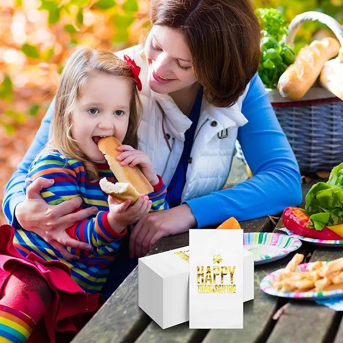 100pcs Thanksgiving Cocktail Napkins,Disposable Napkins with Happy Thanksgiving Gold Foiled,Fall Dinner Guest Paper Hand Towels for Autumn Harvest Thanks Theme Party Decorations,7.9 * 4.3inch
