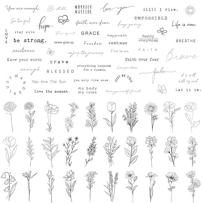 TATUWST Realistic Temporary Tattoos - 60 Sheets Tiny Small Removable Tattoos, 30 Pcs Inspirational Quotes Words Tattoos, 30 Pcs Wild Flower Ink Line Botanical Floral Leaf Tattoo Stickers for Women