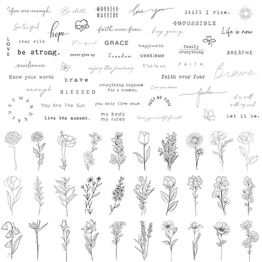 TATUWST Realistic Temporary Tattoos - 60 Sheets Tiny Small Removable Tattoos, 30 Pcs Inspirational Quotes Words Tattoos, 30 Pcs Wild Flower Ink Line Botanical Floral Leaf Tattoo Stickers for Women