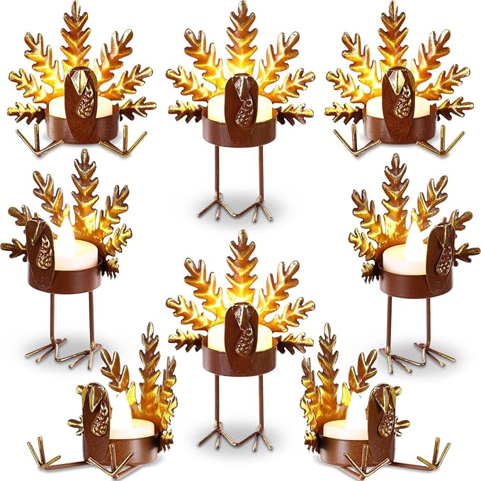 Meanplan 8 Sets 2-in-1 Turkey Candle Holder Set Turkey Tealight and Metal Votive Candle Holders Thanksgiving Table Centerpiece Decor Sitting Standing Turkeys Candlesticks for Home Table Mantle Decor