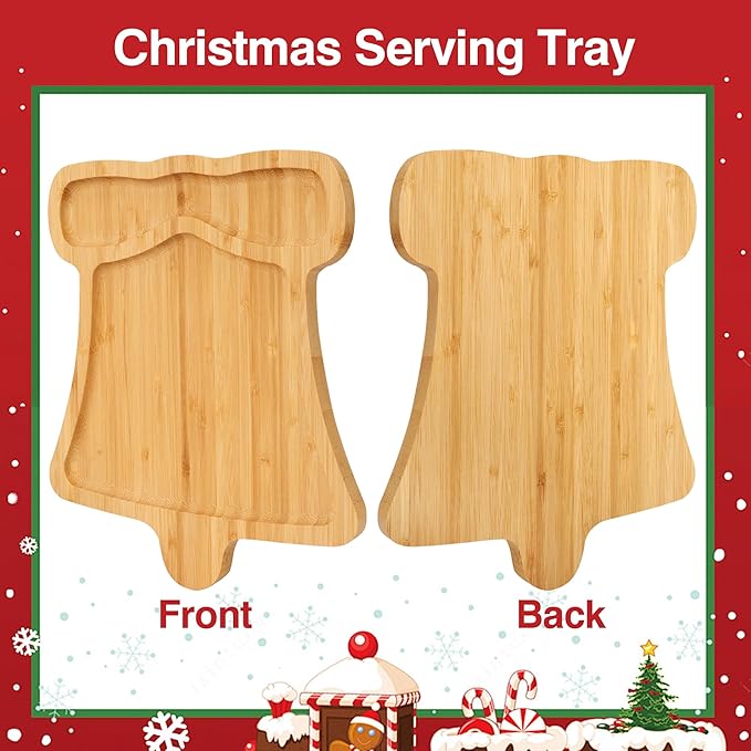Christmas Serving Tray, Bell Shape Charcuterie Board, Bamboo Serving Platter Dish for Holiday Party Food Tray for Cheese Snack Fruit 10 x 8.7 x 0.6 Inches