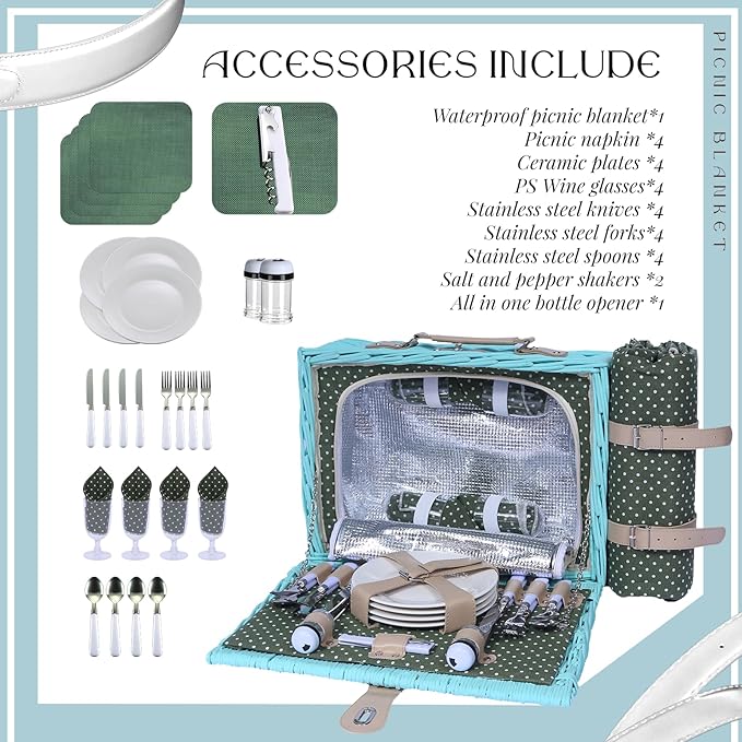 YPshuye Picnic Basket Set for 4 with Waterproof Blanket Mat Insulation Bag Wicker Blue Green Light Hawaiian Tropical Style Gift for Wedding Birthday Summer Camp Outdoor Camping Beach Travel Christmas
