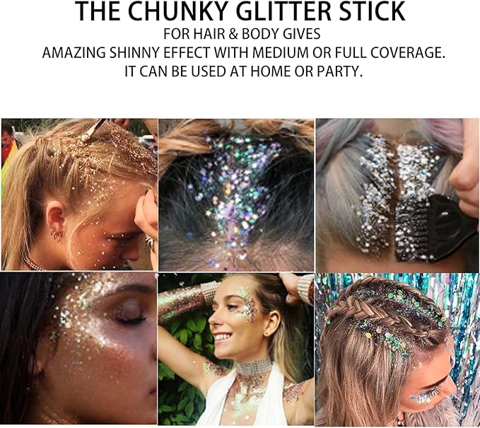 MEICOLY Silver Body Glitter Stick,Waterproof Halloween Face Glitter Gel,Chunky Glitter Face Paint,Mermaid Sequin Hair Glitter Makeup,Sparkle Body Glitter for Women and Kid,Festival Accessories Glitter