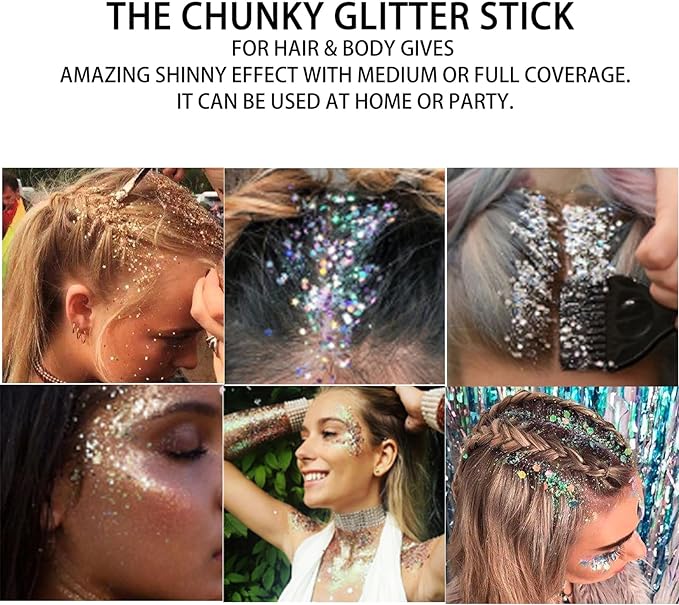 MEICOLY Green Body Glitter Stick,Christmas Hair Glitter Stocking Stuffers for Women Kids,Green Accessories for Spirit Week,Alien Face Glitter,St Patricks Day Accessories,Chunky Glitter for Mardi Gras