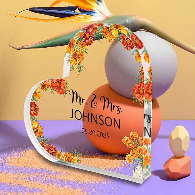 Custom Wedding Heart Acrylic Plaque,Mr & Mrs Cake Topper,Personalized Wedding Keepsake/Gift/Sign (Style 17)