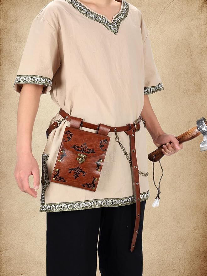 Ultrafun 3pcs Renaissance Belt Accessories Faux Leather Medieval Viking Chain Belt Bag Skirt Hike Ren Faire Costume