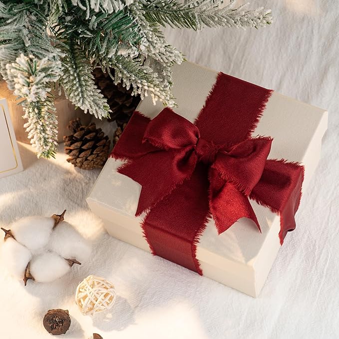 Satin Silk Ribbon, Red Christmas Ribbon for Wrapping, 1-1/2 inch x 15 Yd Handmade Frayed Fringe Ribbons, for Christmas Tree Holiday Birthday Valentine's Day Showers Crafts Bouquet, 3 Rolls