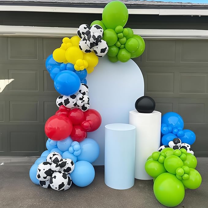 Red Yellow Blue Balloons Arch Kit Red Blue Green Yellow Latex Balloon Garland with Cow Print Party Balloons for Kids Boys Birthday Party Farm Themed Party Decorations