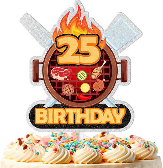 Barbecue Cake Topper 25th Birthday Happy BBQ Sausage Decorations for Men and Women Birthday Party, Summer Outdoor Picnic Party, Anniversary Friends Family Event Gathering Cooking Grill Decoration