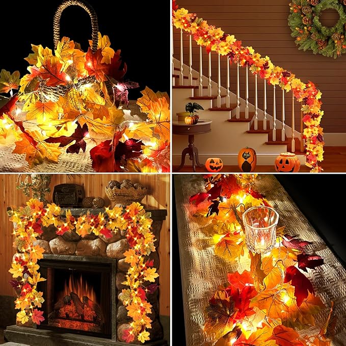 AKIT Fall Decor Lighted Fall Garland 45 LED Outdoor String Lights Waterproof with Timer - Thanksgiving Fall Decorations for Home Halloween Garland for Mantle Indoor