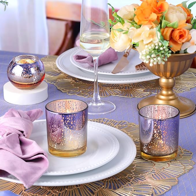 Volens 30pcs Assorted Purple Votive Candle Holders Bulk, Large Mercury Glass Votive for Wedding Table Centerpieces, Purple and Gold Themed Party Decorations and Home Decor