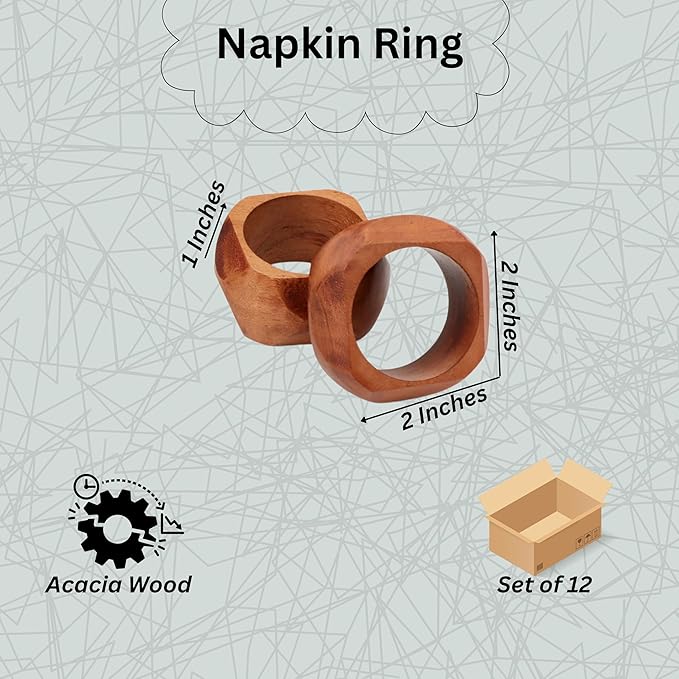 Wooden Napkin Rings Set of 12 Fall Decor for Home Square Acacia Wood Napkin Holders for Dining Table Wood Napkin Ring Rustic Table Décor for Weddings, Parties, Everyday Use (Brown) - CLEENTABLE