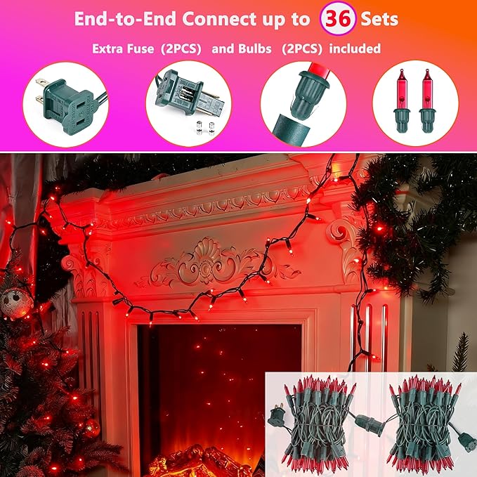 Joomer Mini Christmas String Lights - 19.5FT 100 LED Plug-in String Light, Connectable Waterproof Fairy Lights for Indoor Outdoor Decor, Patio, Home, Garden,Holiday,Christmas Decoration - Red