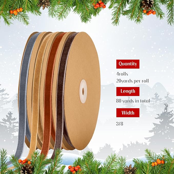 Chuangdi 80 Yards Christmas Velvet Ribbon, 4 Rolls 3/8" Vintage Thin Ribbon for Xmas Gift Wrapping Christmas Tree Wreath Ornaments DIY Crafts Decoration, Red, Brown, Khaki, Blue