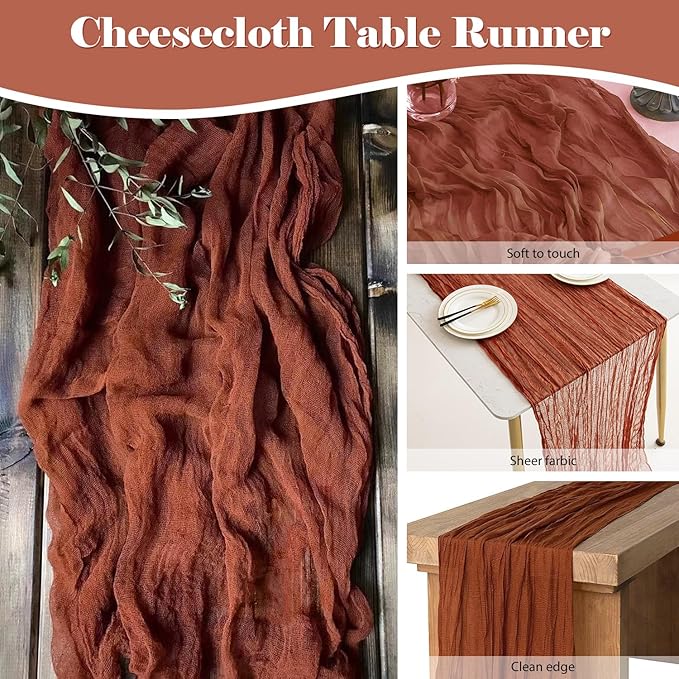 10 Pack 10 Ft Cheesecloth Table Runner Rust Gauze Long Table Runners Boho Gauze Cheese Cloth Table Runner Rustic Sheer Runner for Wedding Party Table Decor ( 35 x 120 Inch )
