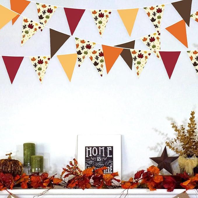 31Ft Fall Party Decorations Orange Brown Fall Maple Leaves Banner Fabric Triangle Flag Pennant Garland Streamers for Happy Fall Thanksgiving Day Harvest Autumn Birthday Outdoor Garden Hanging Decor