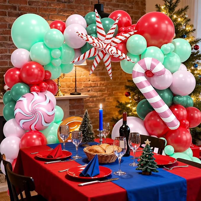 Christmas Balloon Arch Garland Kit,120PCS Christma Pastel Pink Green Balloons, Candy Crutch Gingerbread Foil Ballons for MerryChristmas Party Decorations Party Supply Birthday,Baby Shower