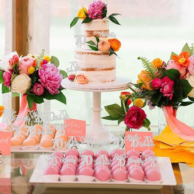 30PCS Happy 70th Birthday Cupcake Toppers Glitter Hello 70 Fabulous Seventy Cheers to 70 Years Old Birthday Cupcake Picks for Happy 70th Birthday Anniversary Party Cake Decorations Supplies Silver