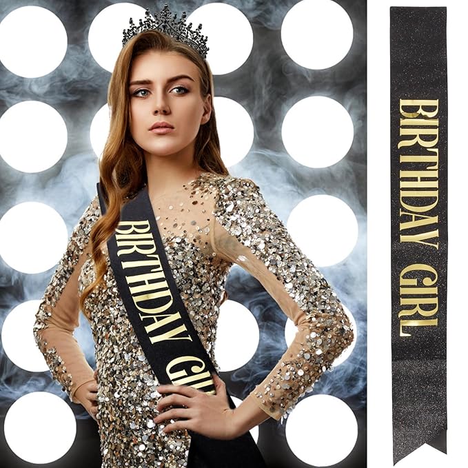 Velscrun Black Crystal Birthday Tiara Crowns for Women Girls Princess Crown with Combs Birthday Girl Headband Sash Happy Birth Party Decorations Birth Gift Cake Topper Hair Accessories