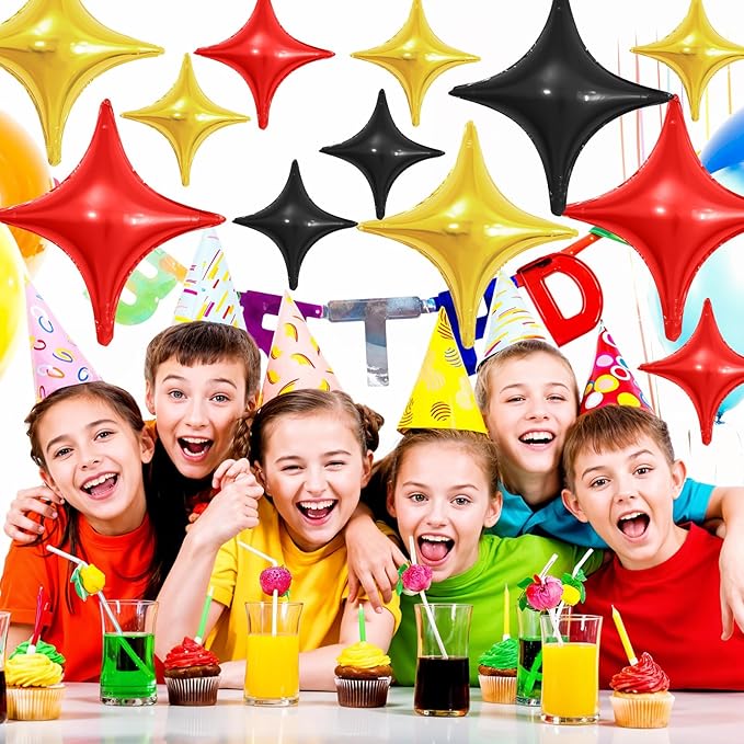 Black Red Gold Star Balloons,12Pcs Four Angle Star Foil Balloons,26Inch and 10Inch Black Gold Red Quadrangle Helium Balloon for Birthday Anniversary Party Decorations