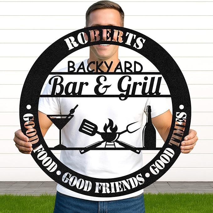 Custom BBQ Metal Sign Personalized Grill Name Wall Art for Outdoor Kitchen Patio Backyard Decor Fathers Gift for Dad Grandpa Husband Barbecue Smoker Area Sign, Grilling Lover Gifts 09