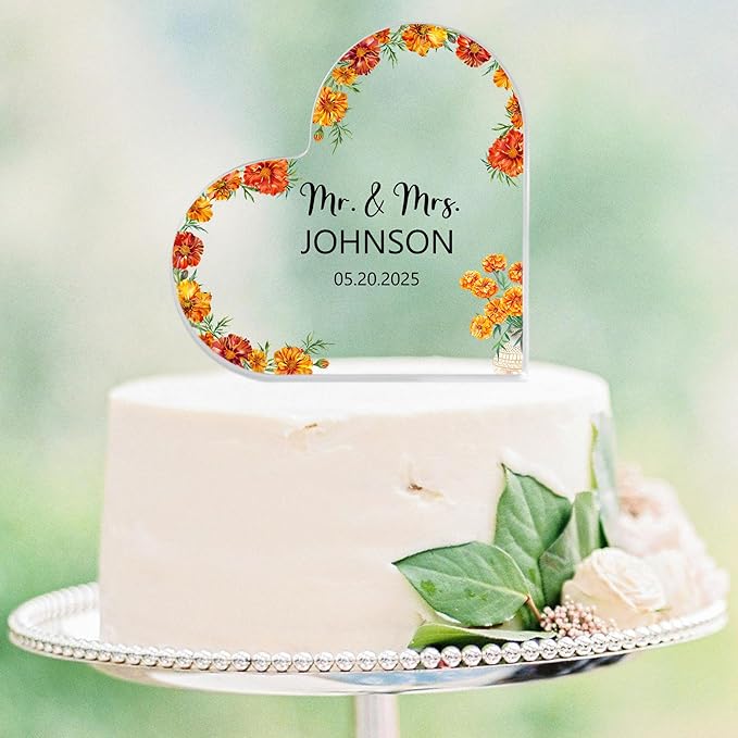 Custom Wedding Heart Acrylic Plaque,Mr & Mrs Cake Topper,Personalized Wedding Keepsake/Gift/Sign (Style 17)