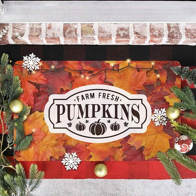 InterestPrint Thanksgiving Doormat Fall Door Mat, Fall Maple Leafs Welcome Door Mats Outdoor Indoor Autumn Leaves Doormat, Harvest Pumpkin Door Rug for Thanksgiving Farmhouse Decor