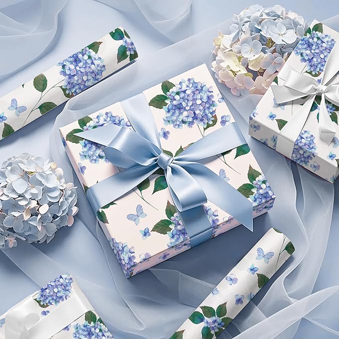 WRAPAHOLIC Kraft Hydrangea Floral Wrapping Paper Roll - Mini Roll - 17 Inch x 16.5 Feet - Hydrangea Flower Wrapping Paper for Wedding, Birthday, Bridal Shower, Tea Party