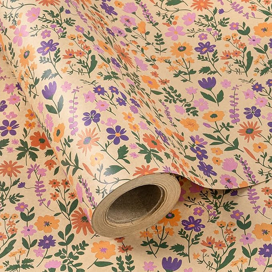 WRAPAHOLIC Kraft Floral Wrapping Paper Roll - Mini Roll - 17 Inch x 9.8 Feet - Vintage Flower Wrapping Paper, Perfect for Wedding, Birthday, Bridal Shower, Tea Party