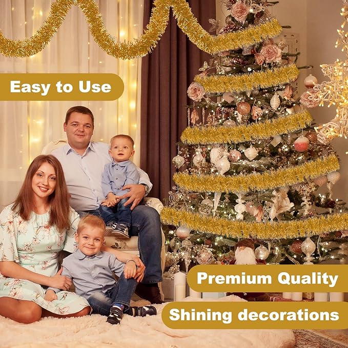 25 Feet Champagne Gold Christmas Tinsel Garland, Metallic Foil Twist Banner Wall Hanging Tinsel Streamers Backdrop for Parade Floats, Christmas, Mother's Day, Birthday Party Decorations(4in x 25ft)