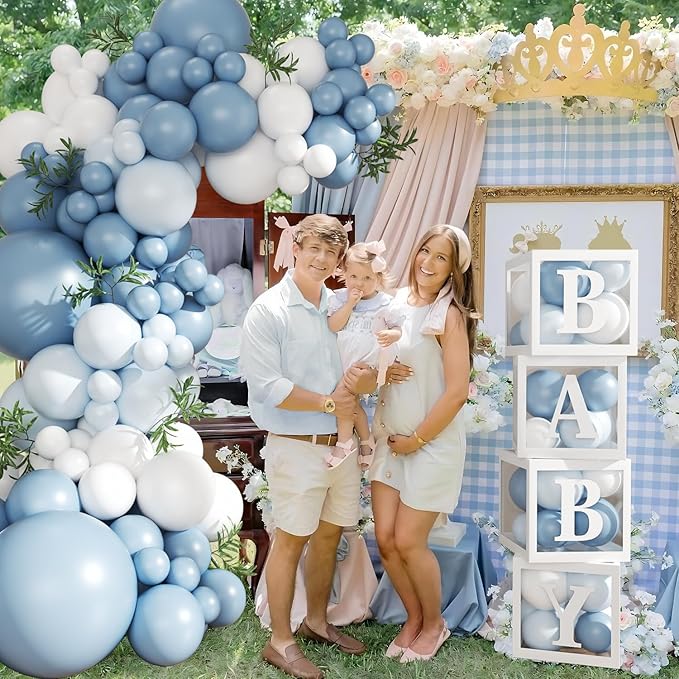 Dusty Blue Balloon Baby Shower Decorations for Boy, 132Pcs Blue Balloon Arch Garland Kit Baby Boxes with Letters for Boy Boho Baby Shower Gender Reveal Birthday Party Decorations