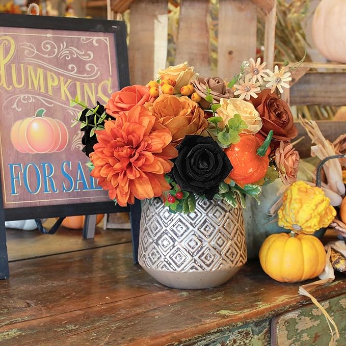 Roses Artificial Flowers Fall Orange Black Bouquet Box Set for DIY Halloween Wreath Autumn Wedding Bridal Shower Decorations Party Table Centerpieces Fake Floral Arrangement Home Decor Indoor