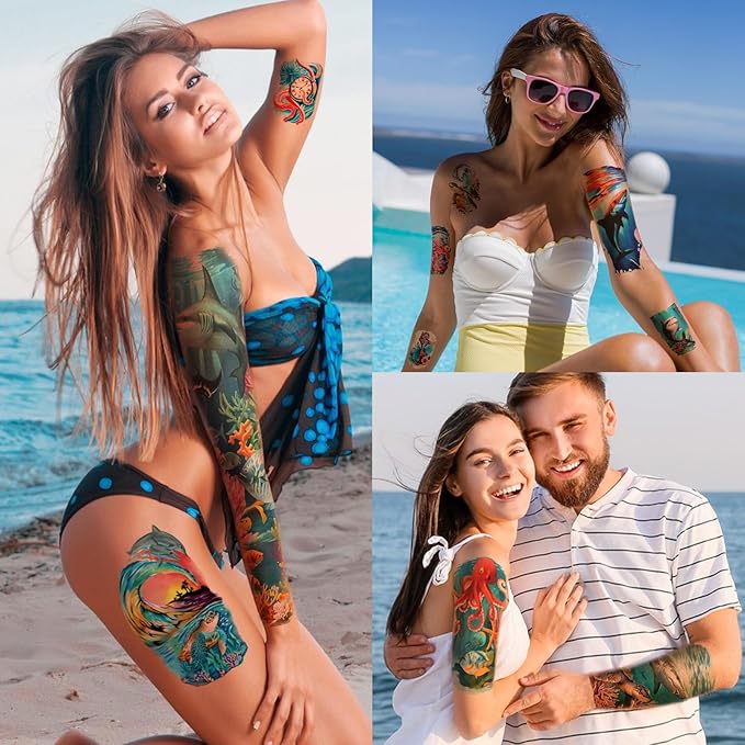 46 Temporary Tattoo for Men Women, 8 Full Arm Shark Dolphin Fake Tattoos, 8 Half Arm Ocean Fish Fake Tattoos, 30 Tiny for Adults Kids Body Tattoos Stickers Waterproof Realistic