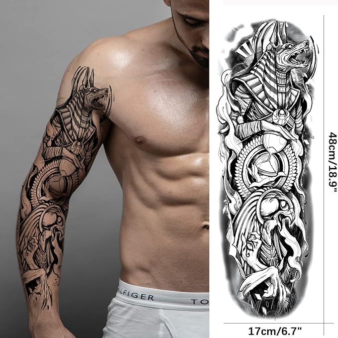 Greek Warrior Temporary Tattoo Sleeve for Men, 4-Sheet Full Arm Large Realistic Poseidon Knight Fake Tattoo Sleeve Adult Women and 4-Sheet Black Eye Greek Myth Half Arm Temp Tatoo Sticker Leg Body Art