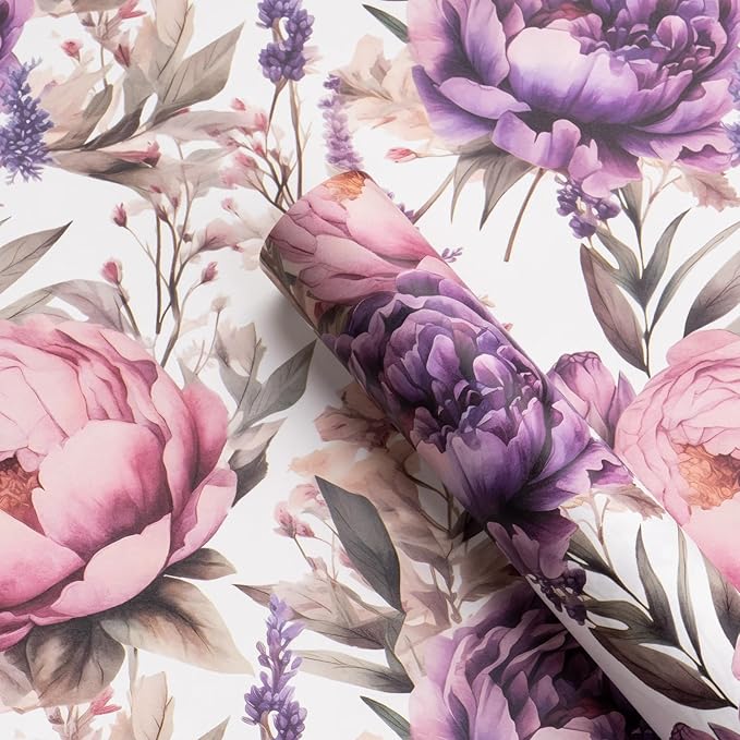 WRAPAHOLIC Kraft Floral Wrapping Paper - Mini Roll - 17 Inch x 16.5 Feet - Watercolor Lavender Flower Wrapping Paper for Wedding, Birthday, Bridal Shower, Tea Party, Drawer Liners, Home Closet Shelves