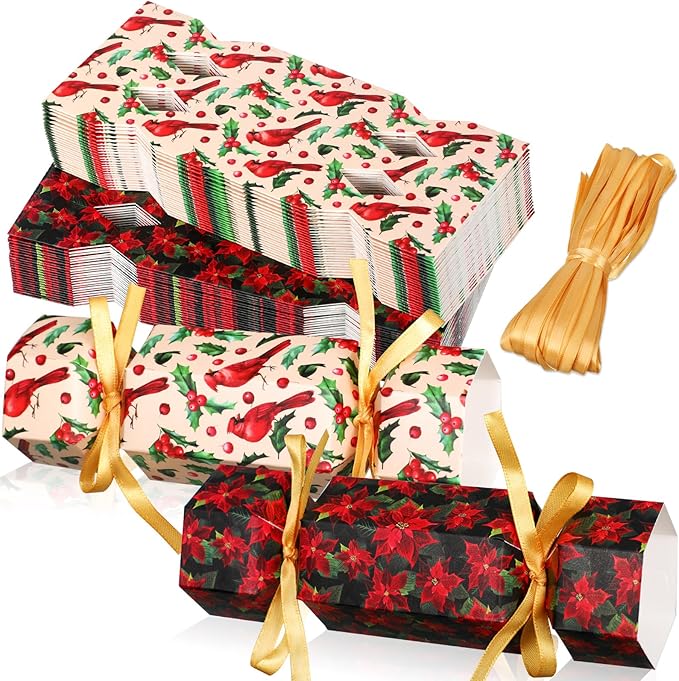 Xinnun 50 Packs Christmas Cracker Kit No Snap Xmas Party Table Favors Snowflake Reindeer DIY Christmas Party Cracker Candy Boxes for Holiday Dinner Decoration Gift (Poinsettia Style)