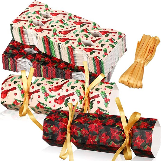 Xinnun 50 Packs Christmas Cracker Kit No Snap Xmas Party Table Favors Snowflake Reindeer DIY Christmas Party Cracker Candy Boxes for Holiday Dinner Decoration Gift (Poinsettia Style)