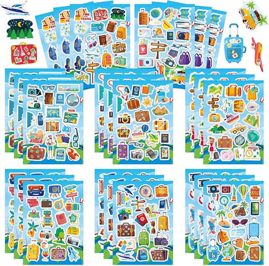 24 Sheets Travel Stickers for Kids, 470Pcs Outdoor Stickers Summer Crafts Sticker Sheets for Reward Water Bottles Scrapbooking Gifts Bags Cards Decor Party Favors Supplies