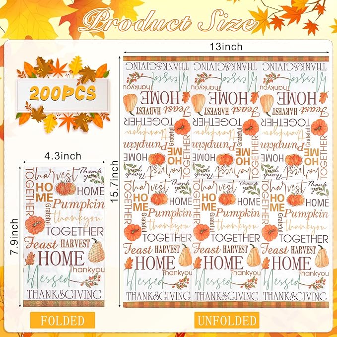 200pcs Fall Paper Napkins,Disposable Thanksgiving Guest Napkins Pumpkin Paper Hand Towels for Autumn Harvest Thanks Theme Party Table Home Kitchen Bathroom Decorations,7.9 * 4.3inch