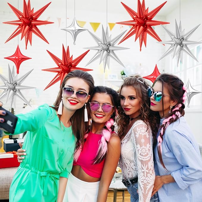 18 Pcs Red Silver Star Balloons, Silver and Red Balloon with 6 Pcs 22-Inch Explosion Star Balloons 12Pcs 10-Inch Four Pointed Stars Foil Balloon for Winter Christmas Birthday Party Decorations