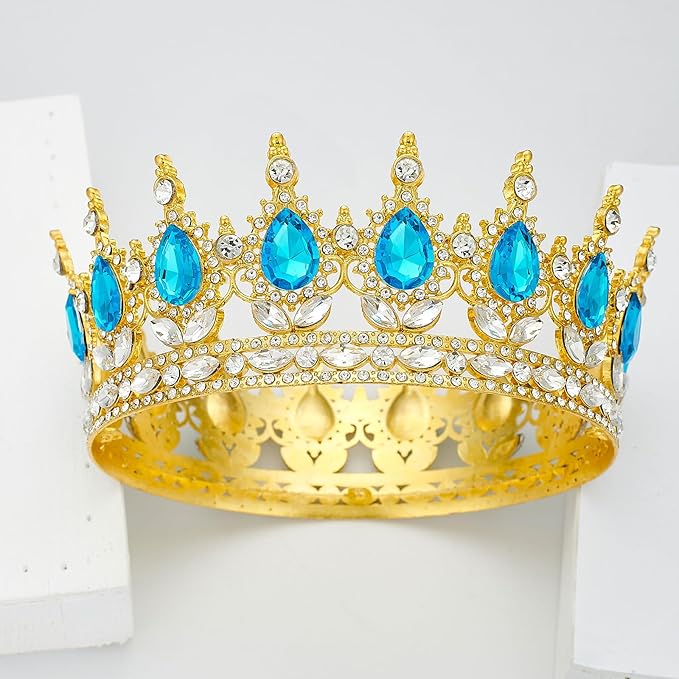 Queen Rhinestone Wedding & Bridal Crowns - Gold & Light Blue Tiaras for Women's Costume Party & Princess Birthday Accessories
