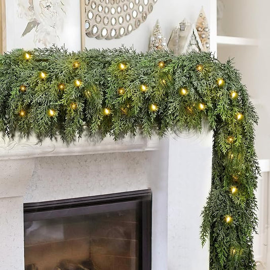 9FT Thick Pre-lit Christmas Garlands with 240 Cedar Branches, 50 Lights, Green Cedar Garland for Christmas Decorations, Artificial Greenery Garland for Table Mantle Wall Indoor Outdoor Holiday Decor