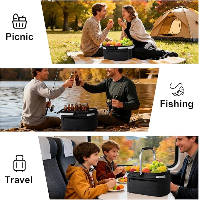 ALLCAMP Picnic Basket - 32L Insulated Cooler, Thickening Foldable Picnic Basket with Removable Baskets & Sewn-in Frame, Basket for House Warming Gifts New Home(Jet Black)